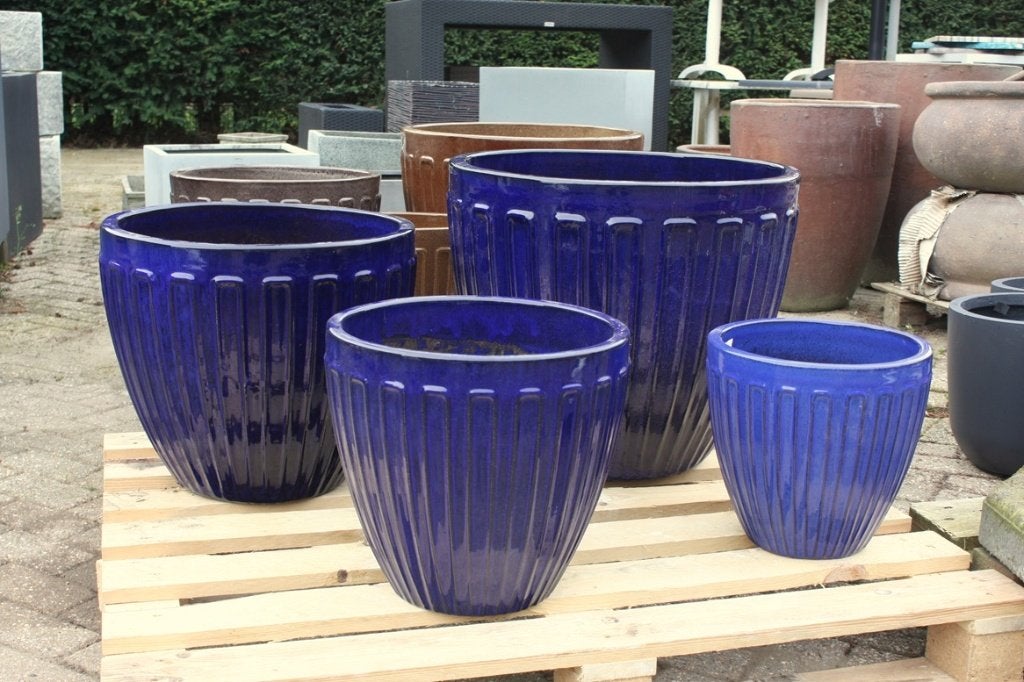 Geglazuurde aardewerk bloempotten blauw (4 maten) terras, Ophalen, 40 cm of meer, Rond, Nieuw