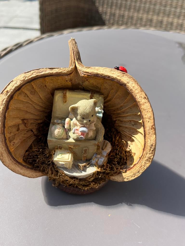 Decoratieve notendop met beertje en lieveheersbeestje, Verzamelen, Beelden en Beeldjes, Ophalen of Verzenden, Zo goed als nieuw