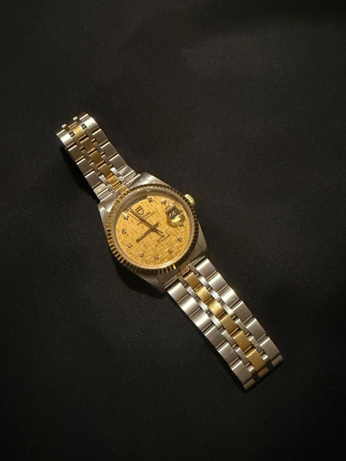 Tudor Prince Date + Day Linen Champagne Dial 10 Diamanten, Ophalen of Verzenden, Zo goed als nieuw, Goud, Overige merken