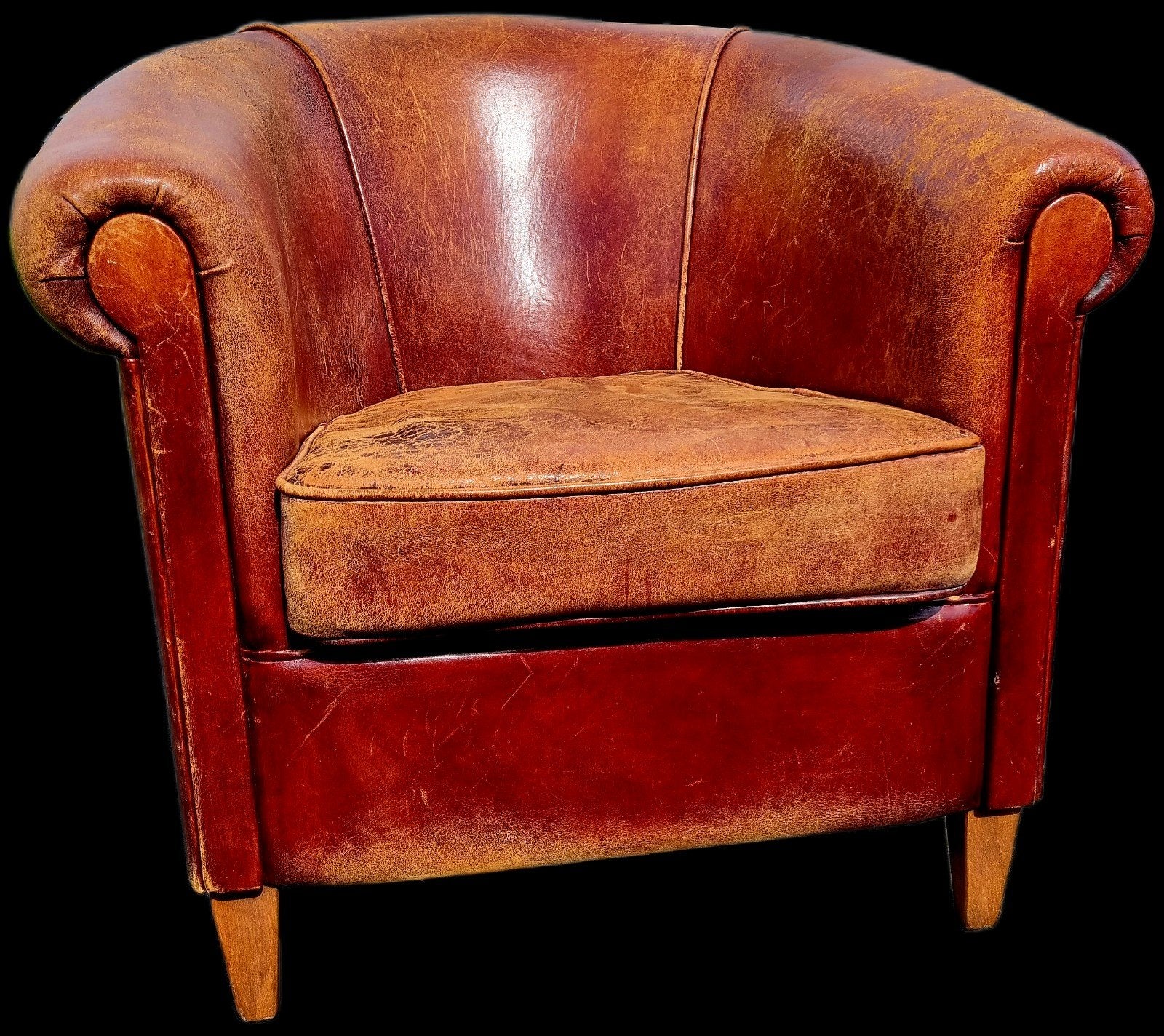 Schapenleren club fauteuil + hocker mét GRATIS BEZORGING, Gebruikt, ., Vintage, Ophalen of Verzenden