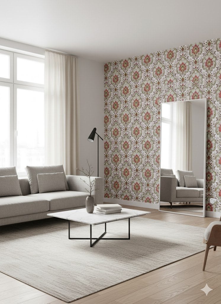 14220 barok behang oudroze met kaki en creme swiet, Verzenden, Minder dan 10 m², Bruin