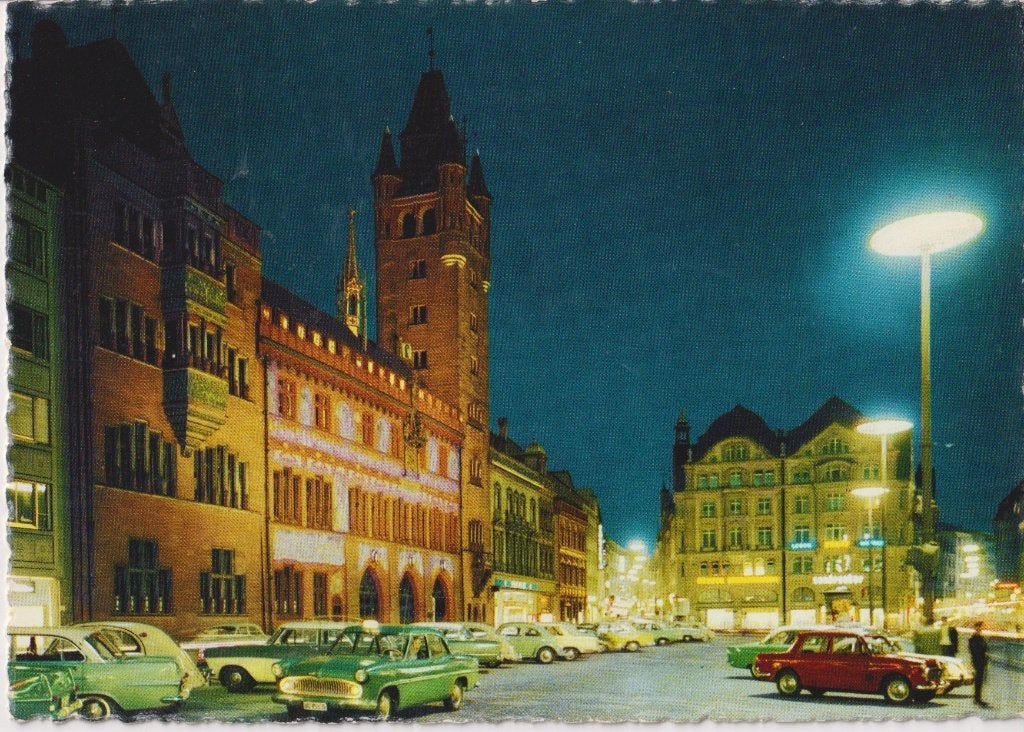 Zwitserland, Basel met auto's, Opel Rekord P1, Porsche 356, Verzamelen, Ansichtkaarten | Buitenland, Ongelopen, Overig Europa