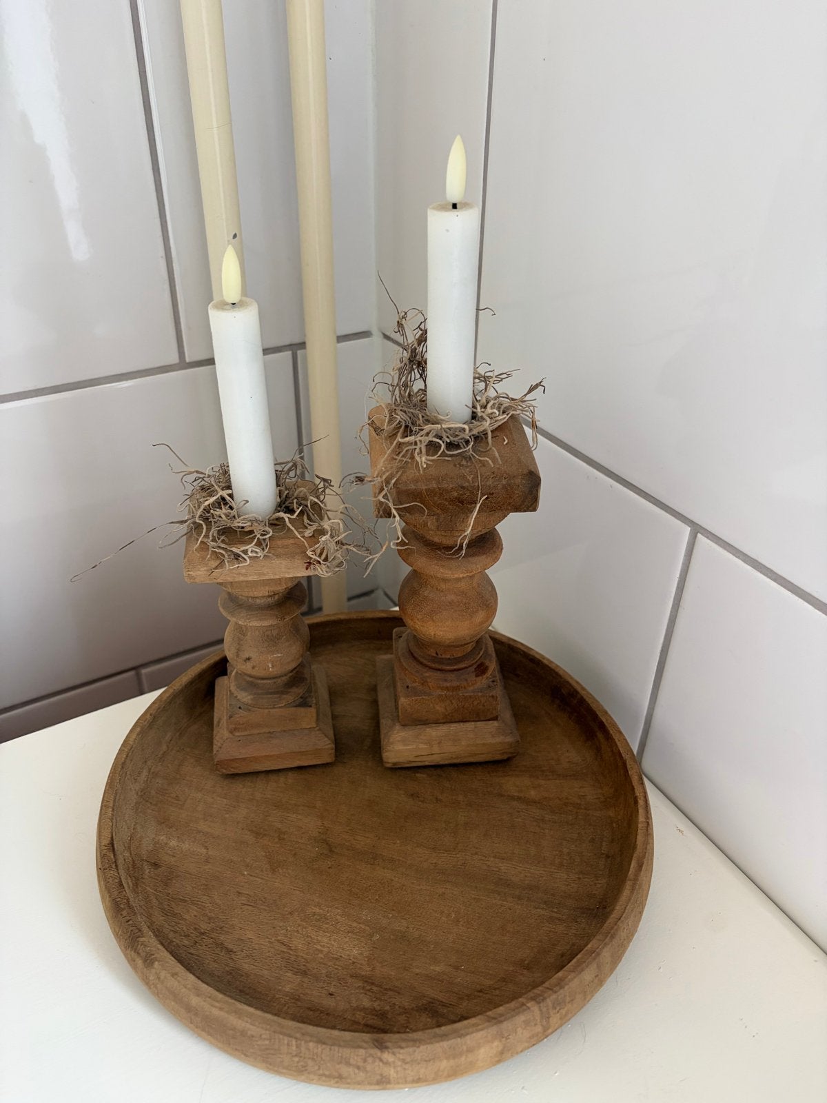 Set van 2 houten kandelaars met dienblad, Ophalen, Gebruikt, Bruin, Overige merken