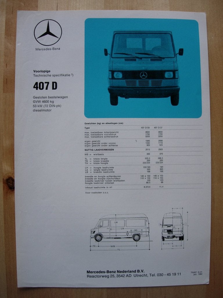 Mercedes 407 Specificatie Brochure 1982 BG - 407D, Zo goed als nieuw, Mercedes-Benz, Mercedes, Ophalen of Verzenden