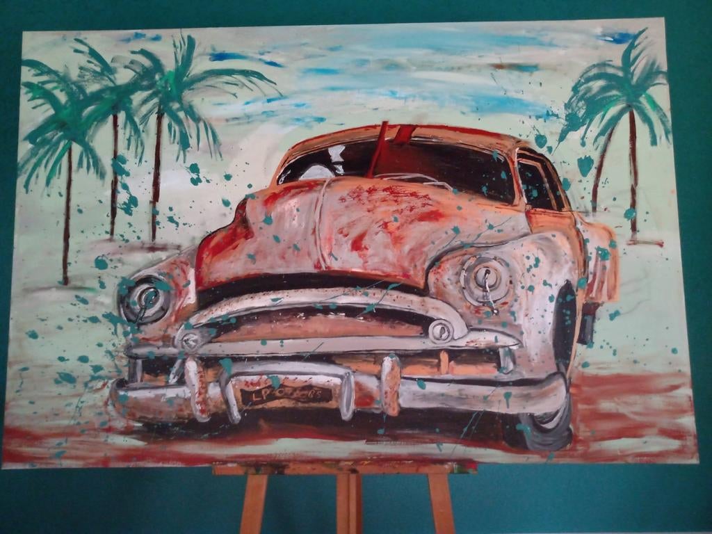 Handgeschilderd doek oldtimer Cuba 1 bij 1.50, Ophalen