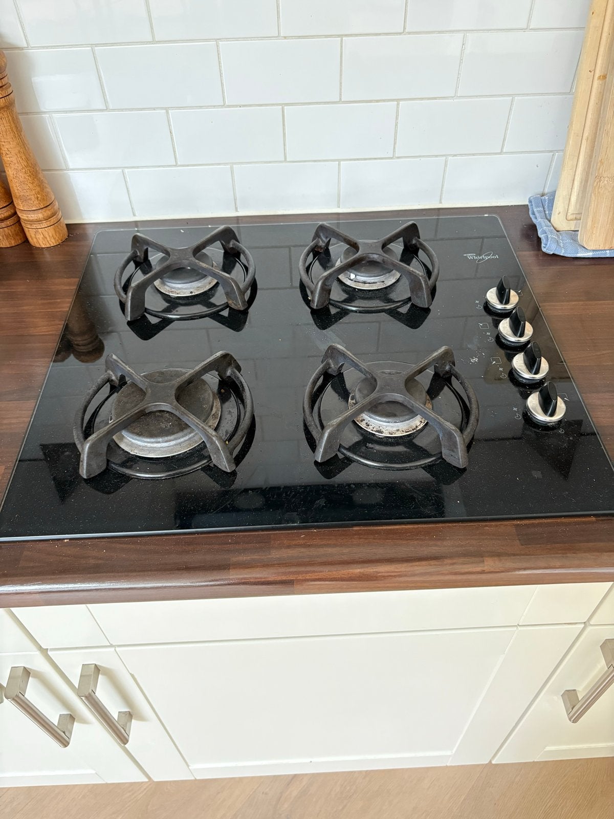 Whirlpool gaskookplaat met 4 branders, Ophalen, Gebruikt, Minder dan 85 cm, 4 kookzones