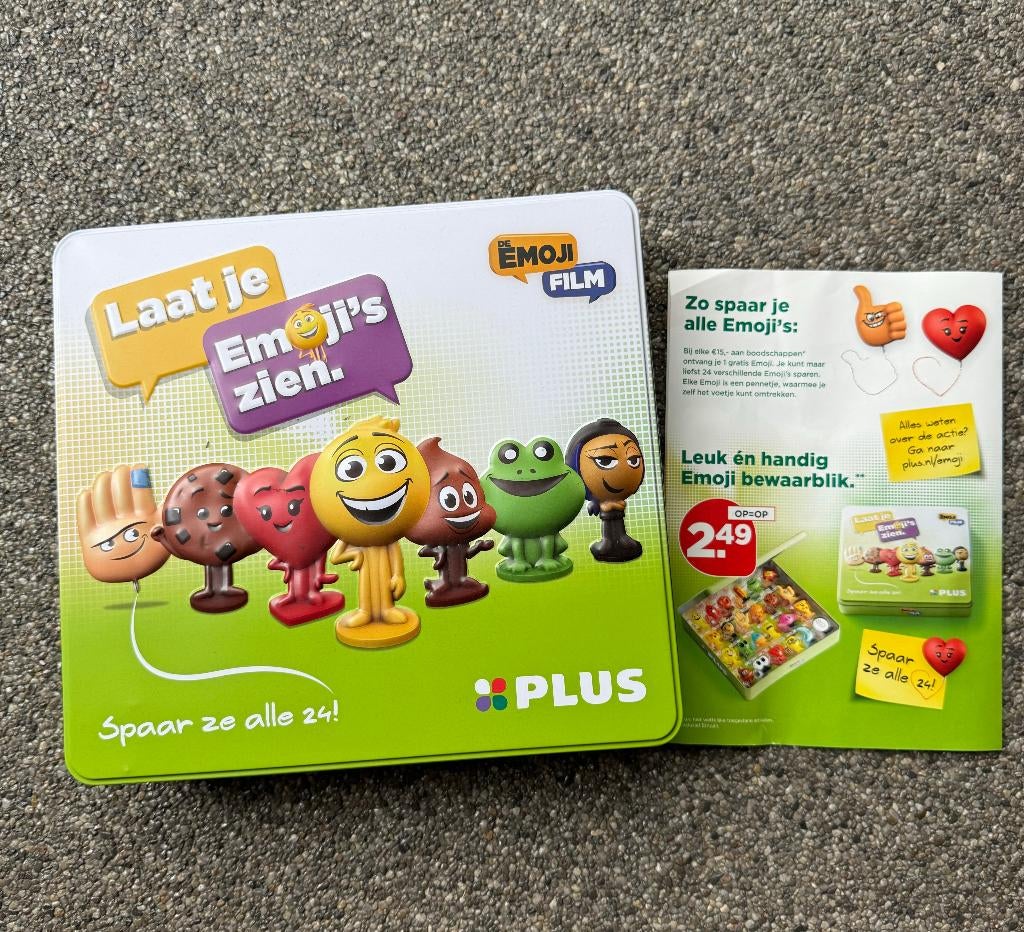 24 Emoji's pennetjes in bewaarblik - Plus supermarkt actie, Verzamelen, Supermarktacties, Plus, Ophalen of Verzenden
