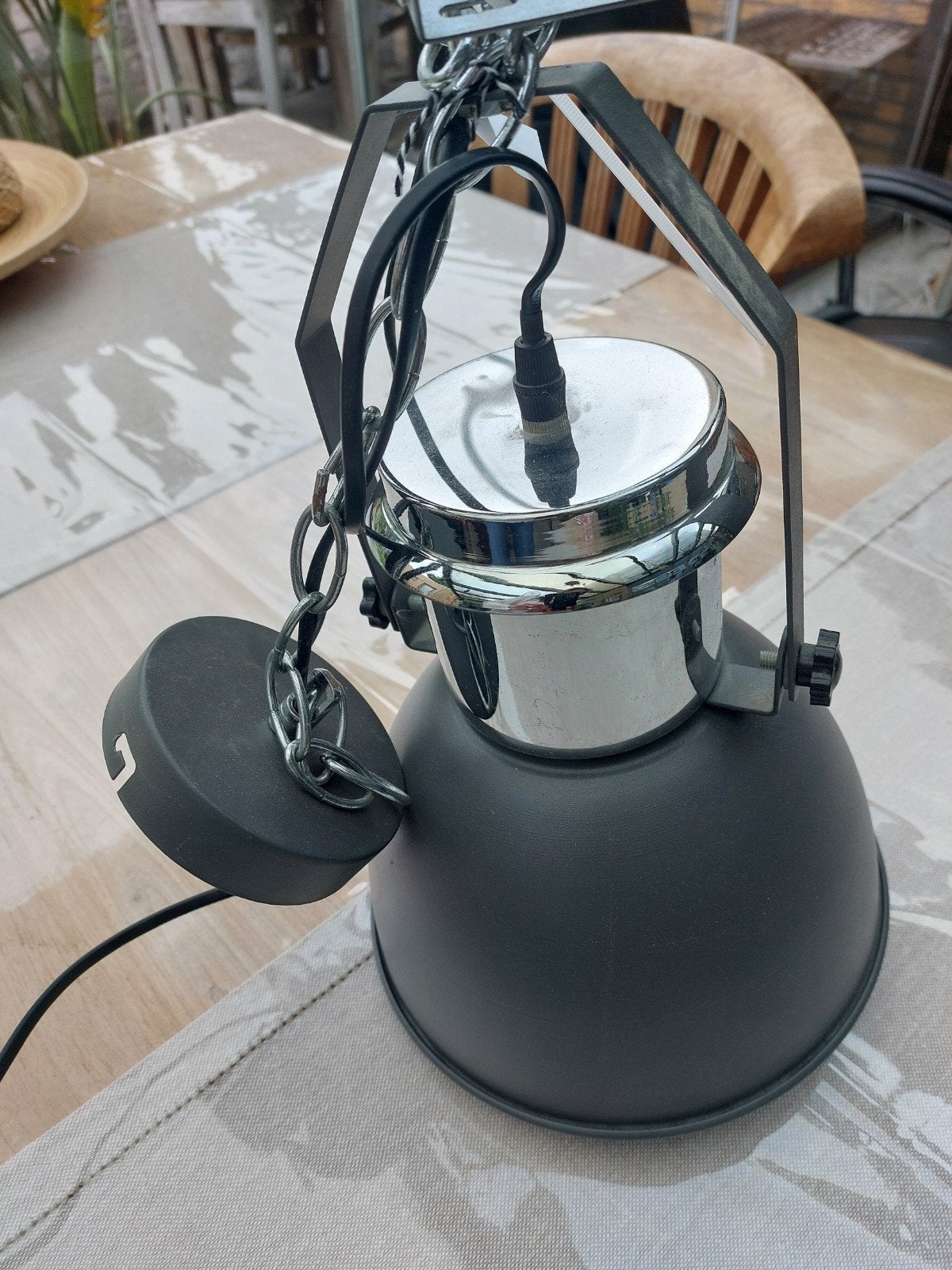 Industriële hanglamp Kwantum, grijs/chroom, E27, 40W, Gebruikt, Ophalen of Verzenden, Metaal, Minder dan 50 cm