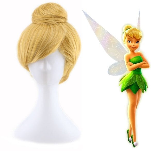 Tinkerbell elfje pruik kort ginger goudgeel haar met knotje, Ophalen of Verzenden, Nieuw, Pruik of Haarverlenging