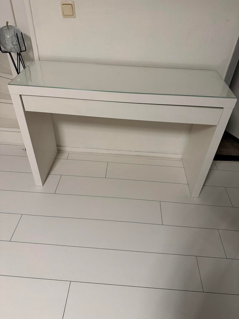 Witte console tafel met lade en glazen blad, Ophalen, Gebruikt, 100 tot 150 cm, Glas