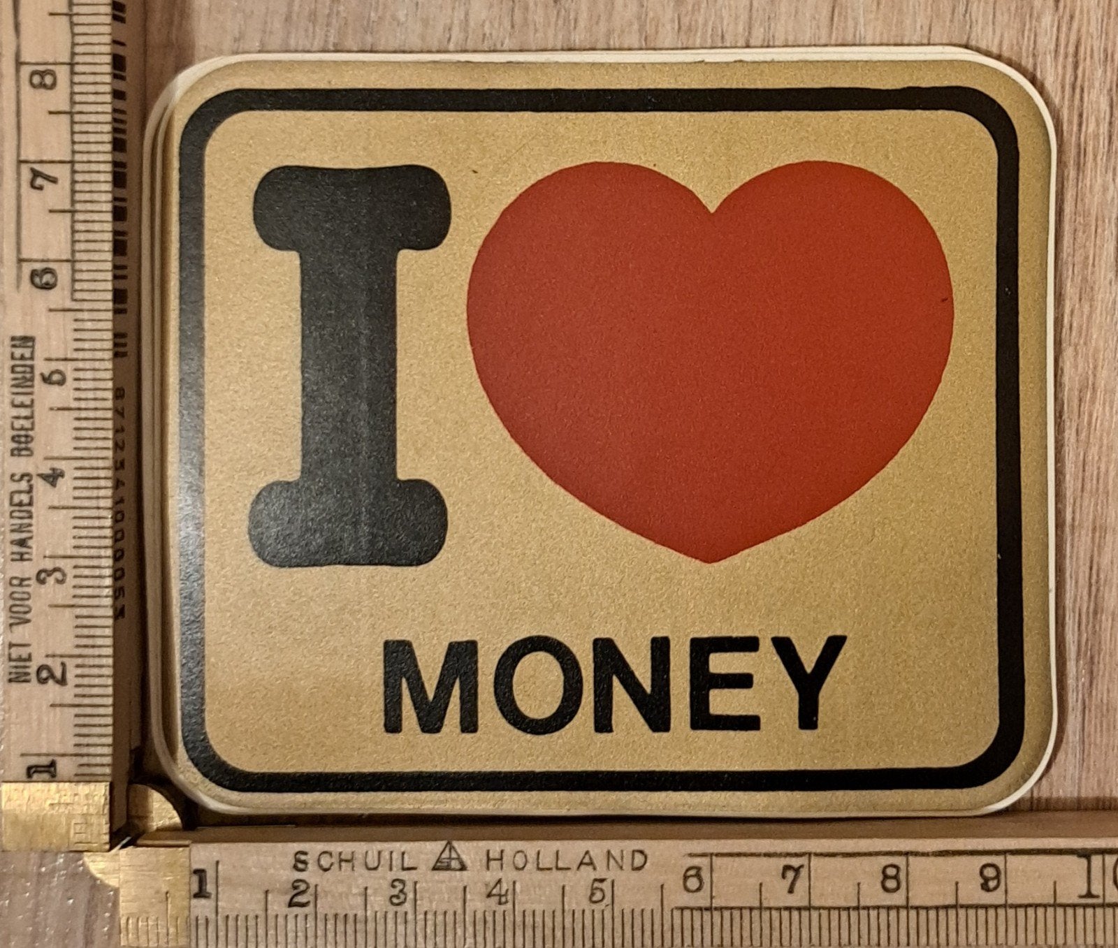 Vintage goudkleurige sticker autosticker I love Money, Ophalen of Verzenden, Zo goed als nieuw, Overige typen