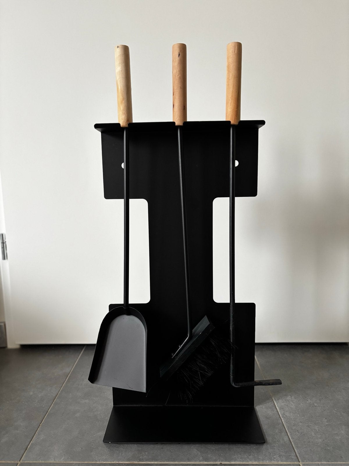 Haardstel 3-delig met standaard - Zwart metaal en hout, Ophalen, Gebruikt, Zwart, Metaal