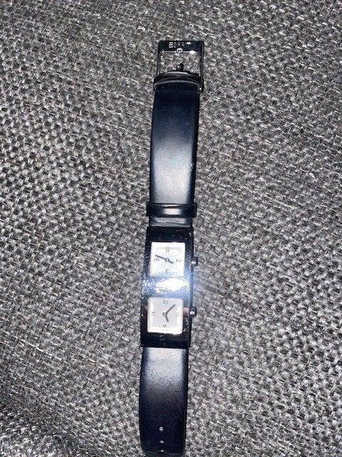 Horloge van Esprit met dubbel uurwerk, Staal, Ophalen of Verzenden, Leer, Gebruikt
