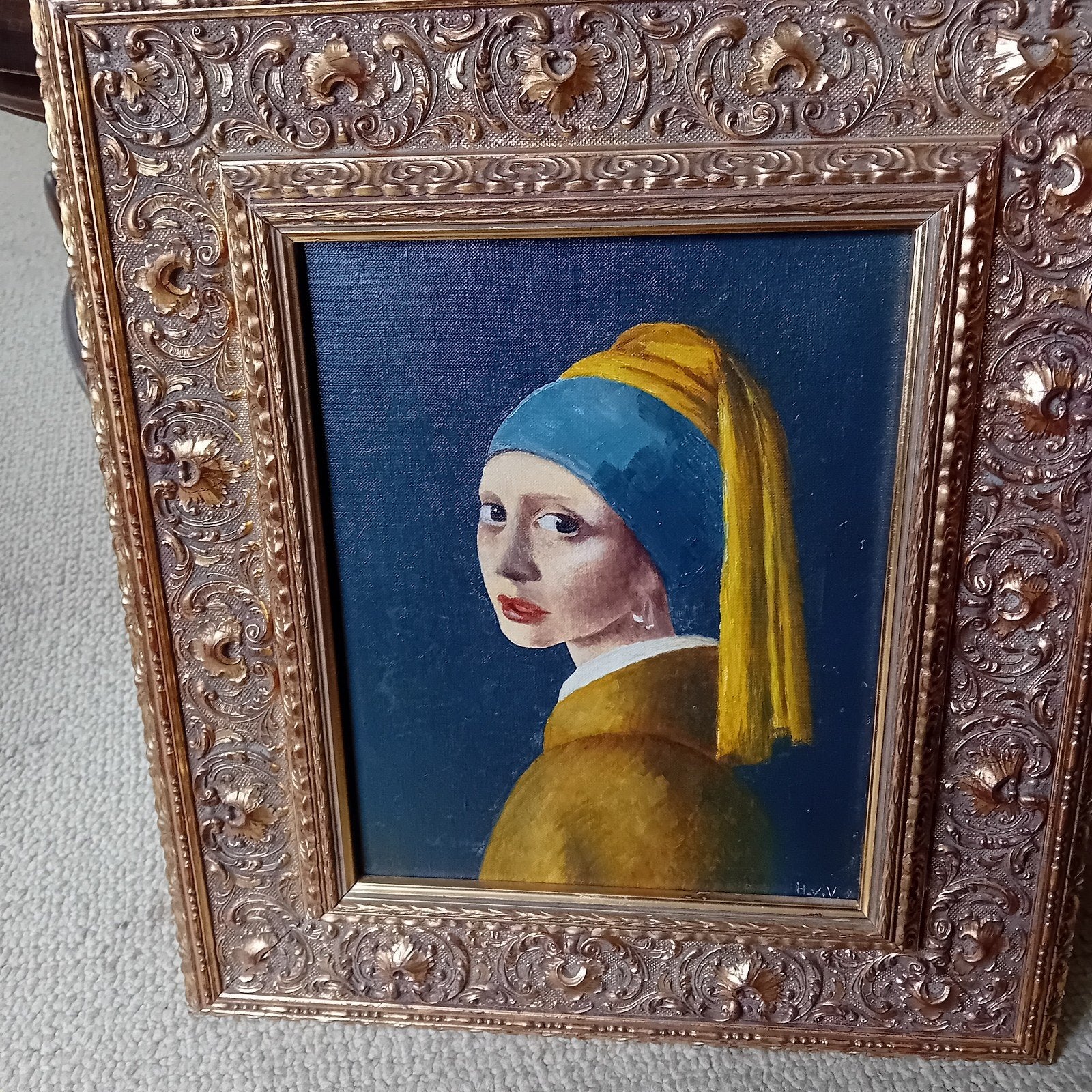 Meisje met de Parel - Olieverfschilderij door H.V. Vuuren, Antiek en Kunst, Ophalen, Doek, Portret of Personen, Gesigneerd