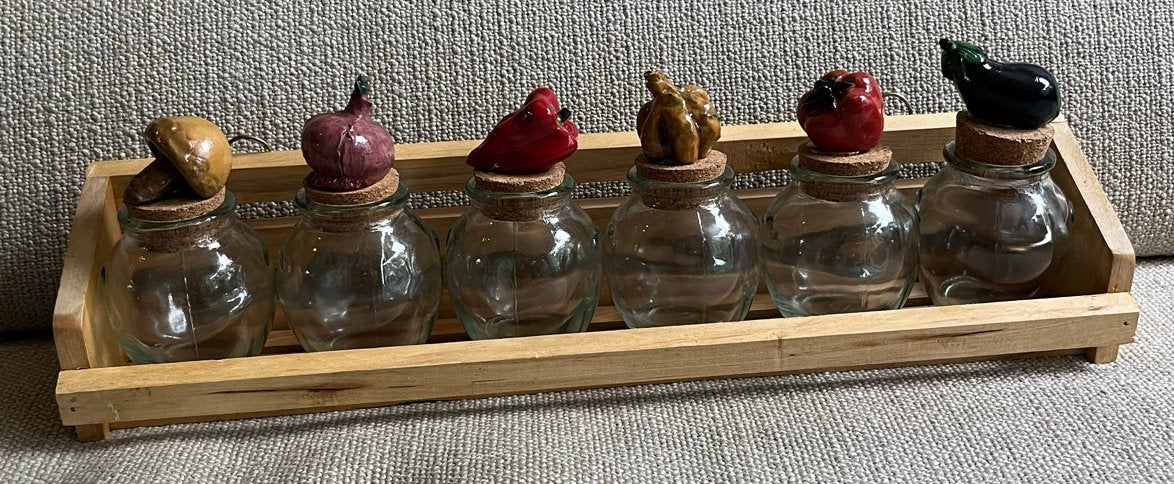 Vintage kruidenrek met glazen potjes jaren ‘70, Ophalen of Verzenden, Meerkleurig, Glas, Overige typen