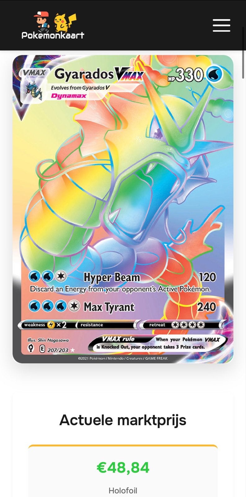 Gyarados VMAX (orginele pokemonkaart) nummer: 207/203, Ophalen of Verzenden, Zo goed als nieuw, Losse kaart, Foil