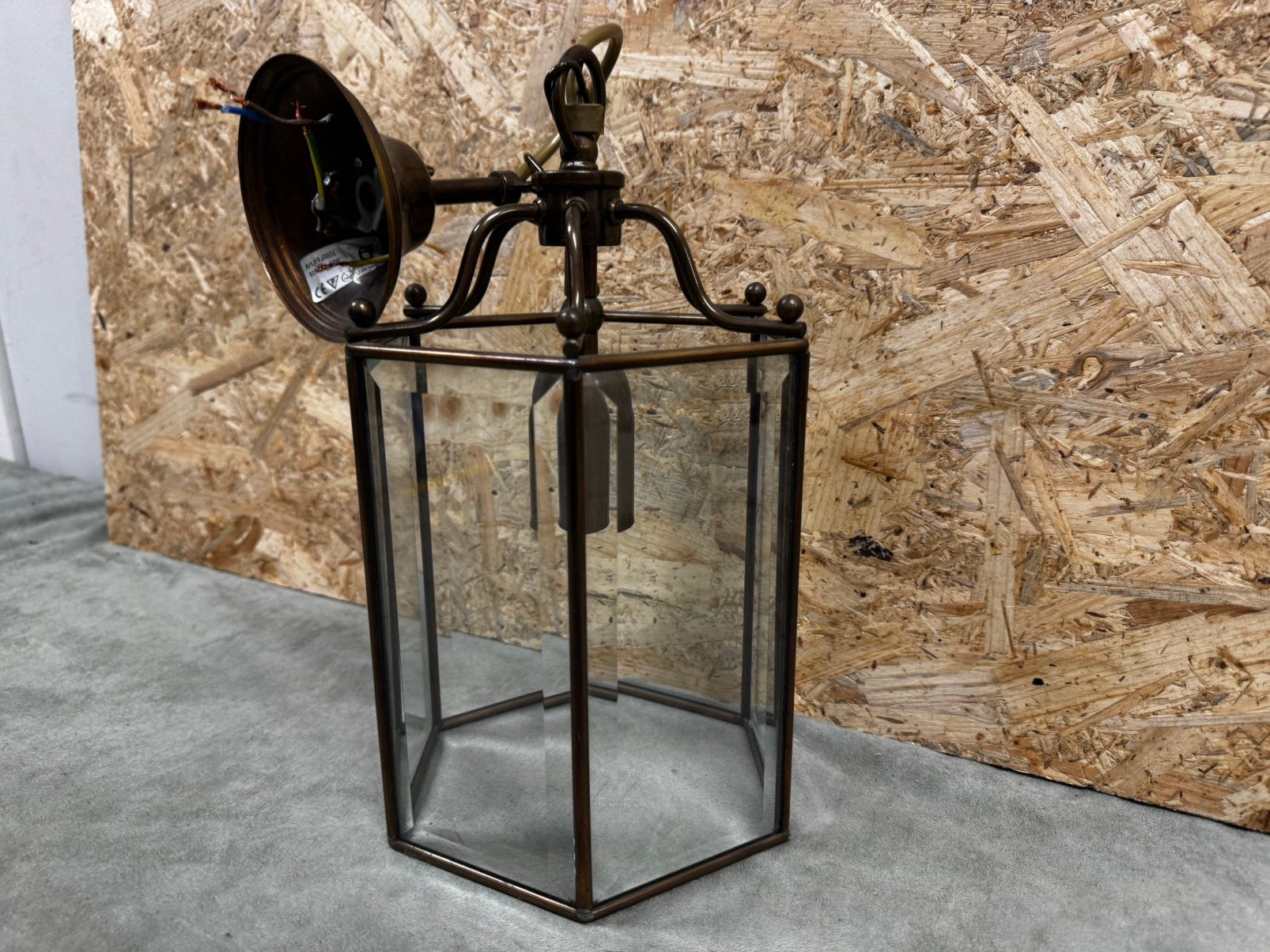 Vintage Hallantaarn  6-hoek Messing Hanglamp met Glas -Rek4, Vintage, Ophalen of Verzenden, X, Glas