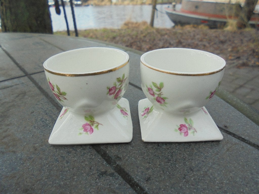 6 x Eierdop vierkant voetje Victoria Porelite roze roosjes, Ophalen of Verzenden