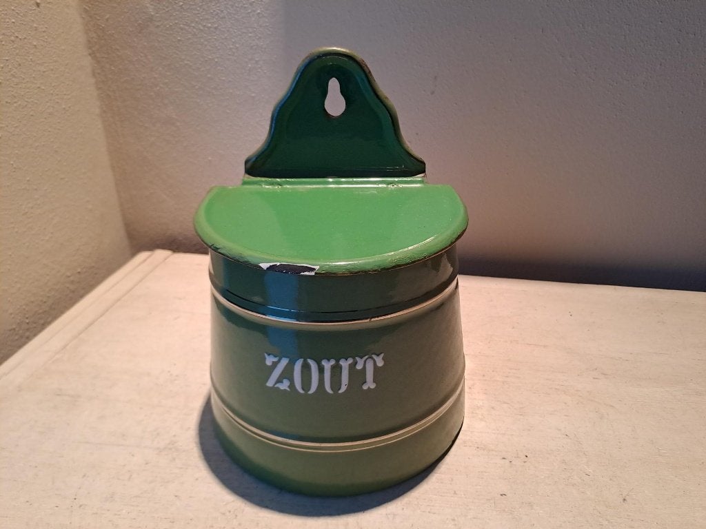 Zeldzame emaille resedagroene zoutpot MET deksel, Antiek en Kunst, Antiek | Emaille, Ophalen