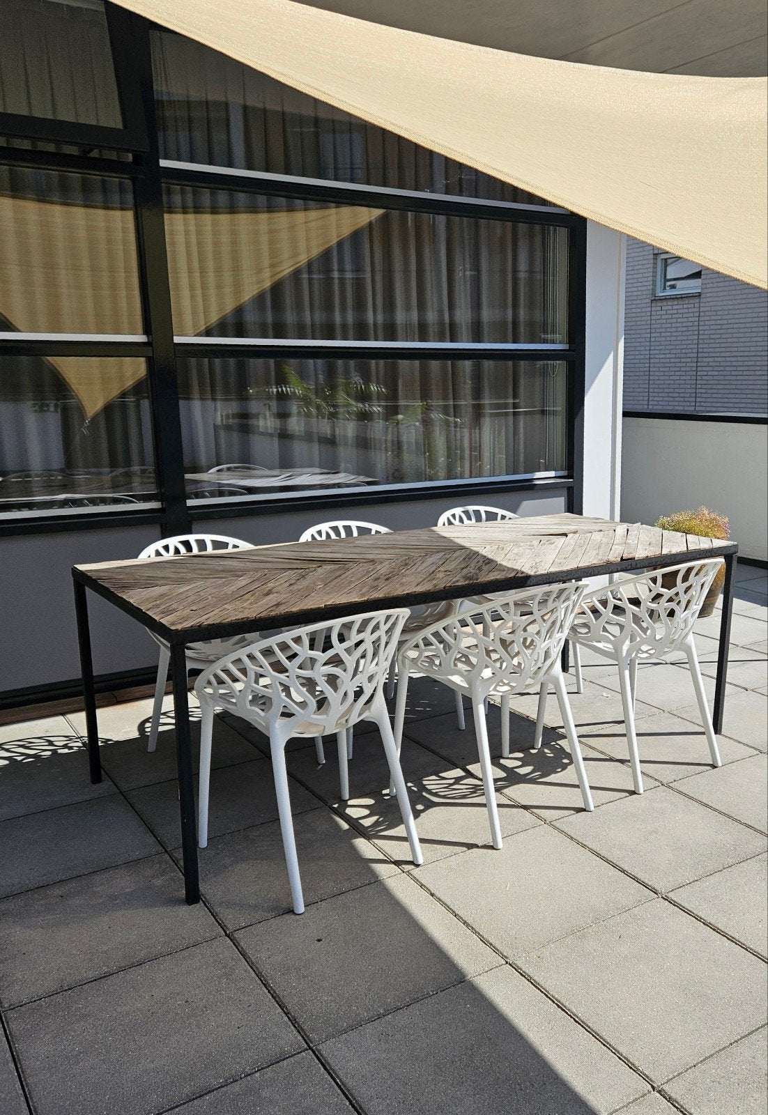Grote tuinset : industriële tuintafel + 6 stapelbar, Ophalen, Gebruikt, 6 zitplaatsen, Tuinset