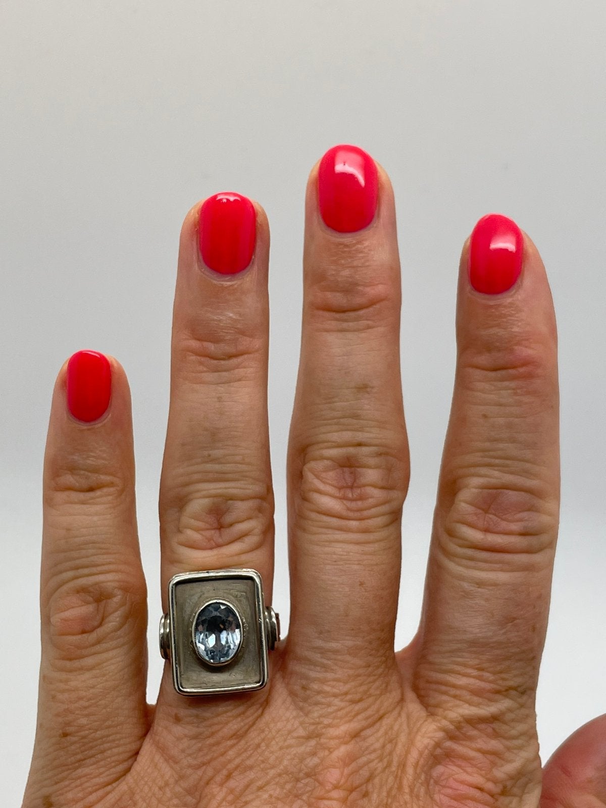 F281 Prachtige zilveren ring aquamarijn maat 17,25, Sieraden, Tassen en Uiterlijk, Antieke sieraden, Ophalen of Verzenden, Zilver