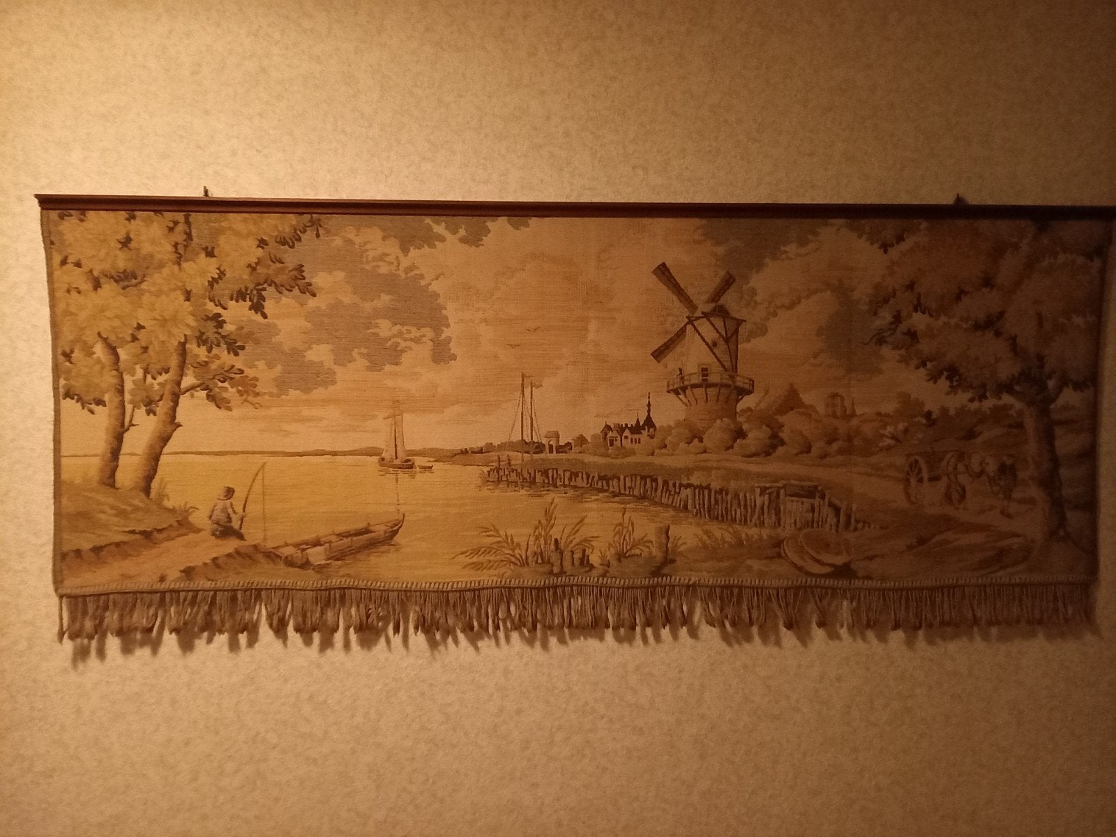 Vintage Wandtapijt met Hollands Landschap en Molen, Ophalen of Verzenden