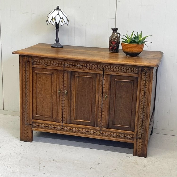 Antieke eiken TV kast kist opbergkist meubel lades vintage