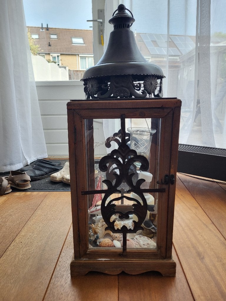 Windlicht van hout en glas, Ophalen, Windlicht, Gebruikt, Bruin