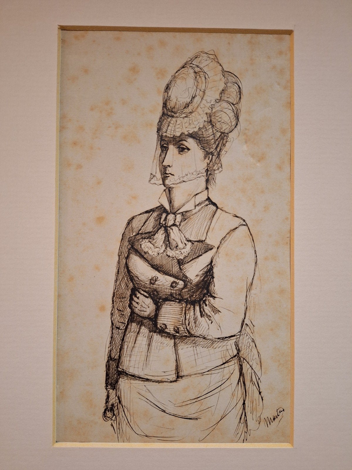 Antieke Pentekening Dame m Hoed - Gesigneerd, Ophalen of Verzenden, Tekening, Pentekening, Origineel