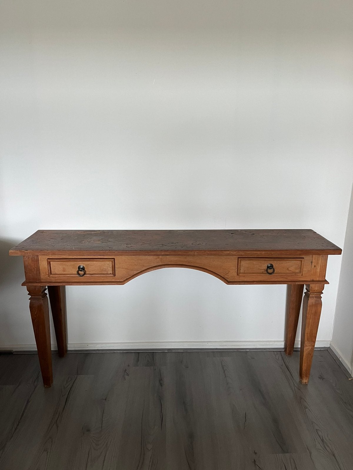 Landelijke houten sidetable / consoletafel met 2 laden, Ophalen, Gebruikt, 100 tot 150 cm, Landelijk