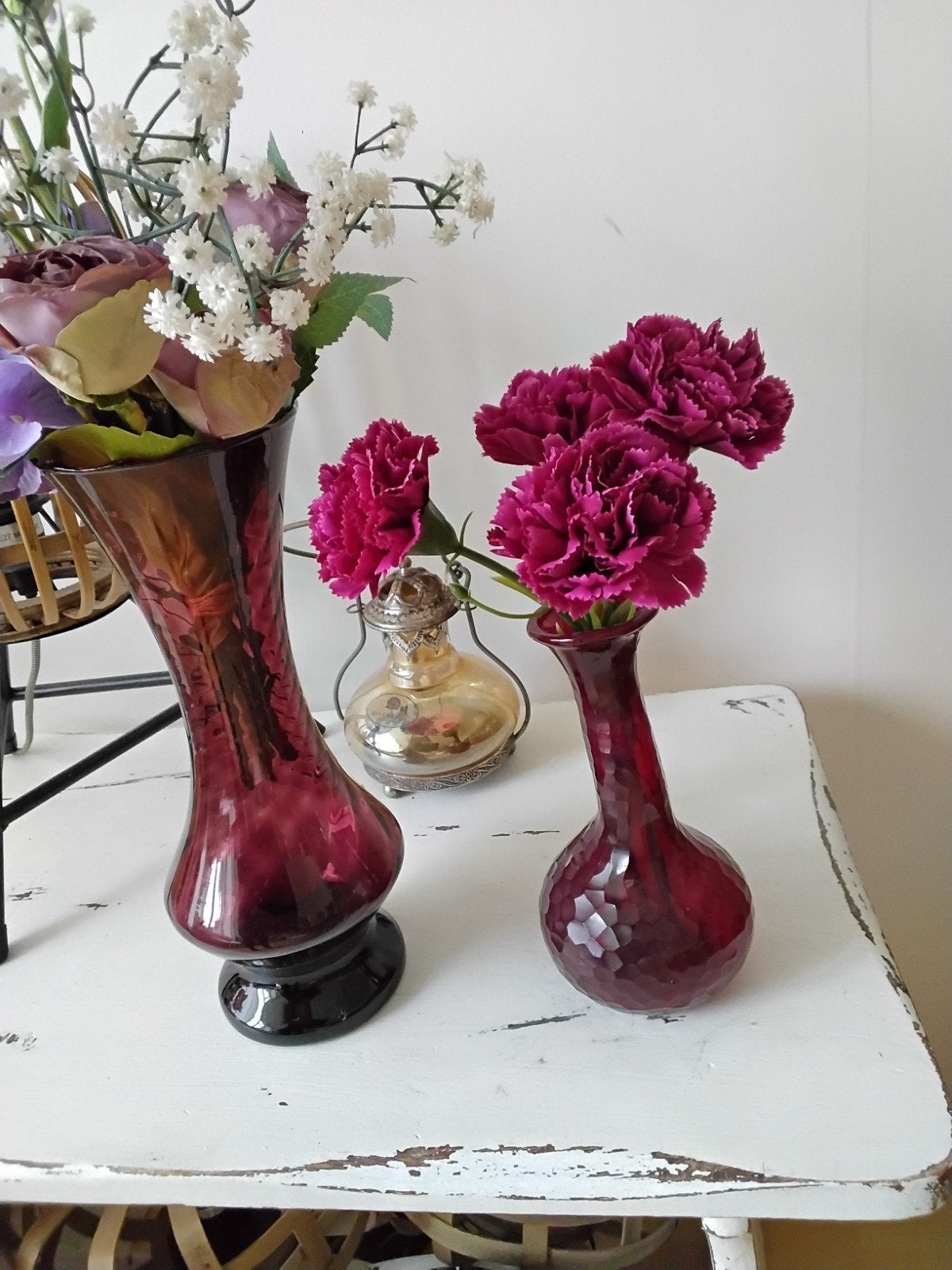 glazen vazen + kunstakken, Paars, Inclusief decoratie, Ophalen of Verzenden, Glas