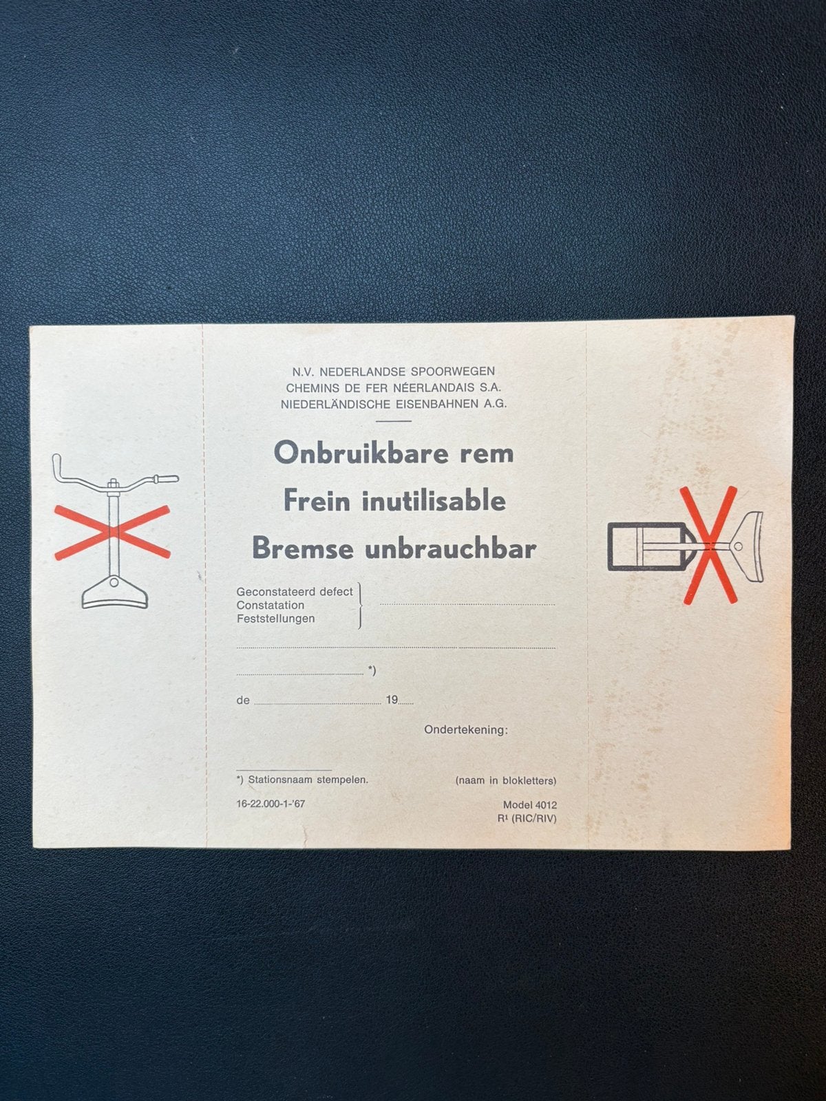 Etiket NS ‘Onbruikbare rem’ (1967), Ophalen of Verzenden, Zo goed als nieuw, Trein