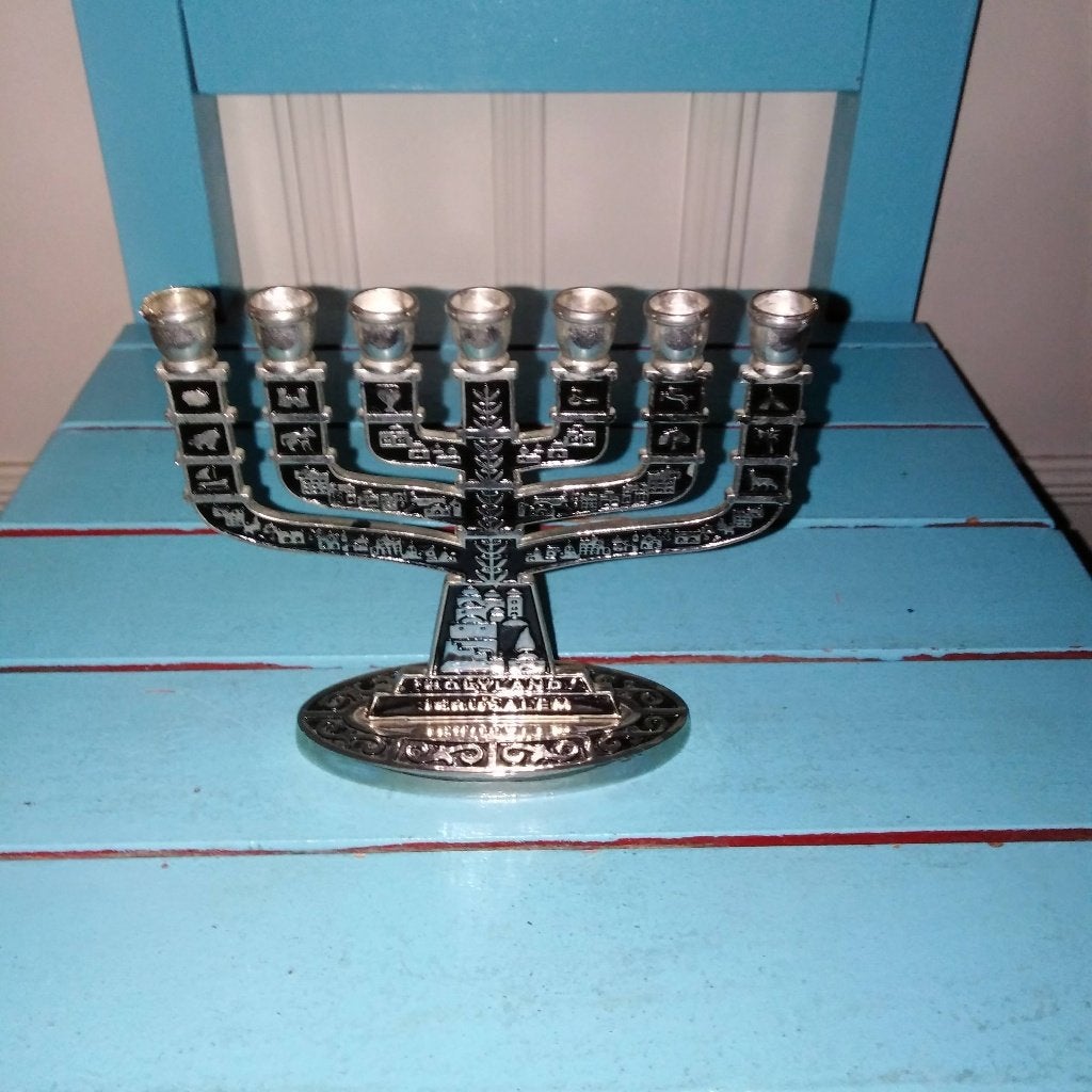 Menorah souvenir kandelaartje Holyland Jerusalem, Gebruikt, Metaal, Kandelaar, 9 cm