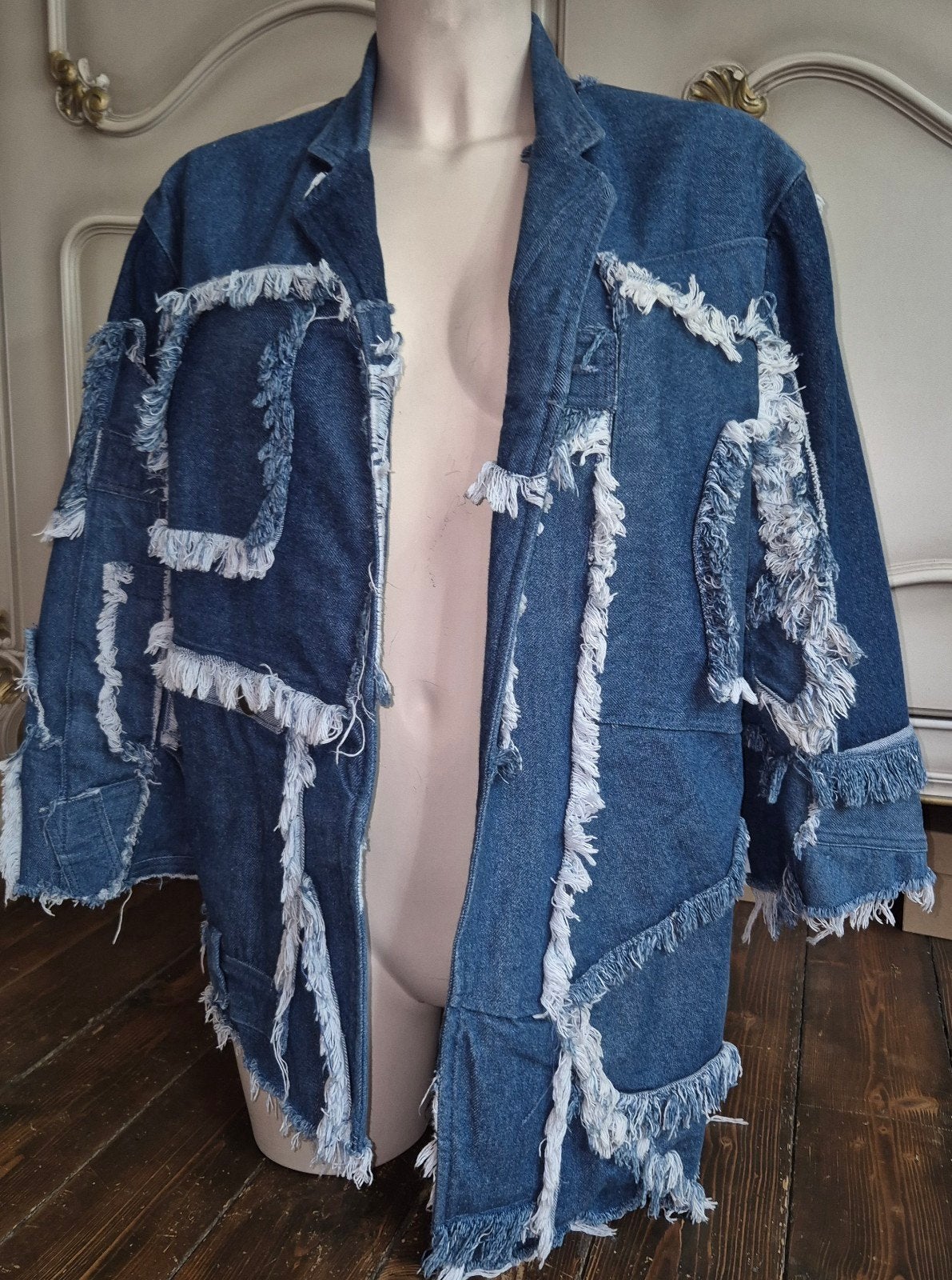Sophia Lerner Denim Jas met Franjes - Uniek Design, Maat 38/40 (M), Blauw, Nieuw, Sophia Lerner