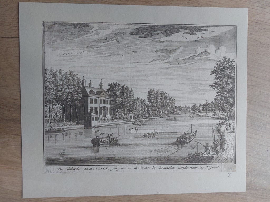 39 / Hofstede Vechtvliet bij Breukelen - gravure uit 1719, Antiek en Kunst, Stadsgezicht, Blanco verso, Ophalen of Verzenden, Gravure