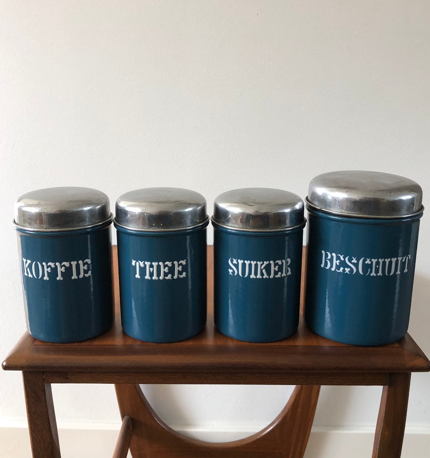 Set emaille voorraadbussen Koffie, Thee, Suiker en Beschuit, Ophalen of Verzenden