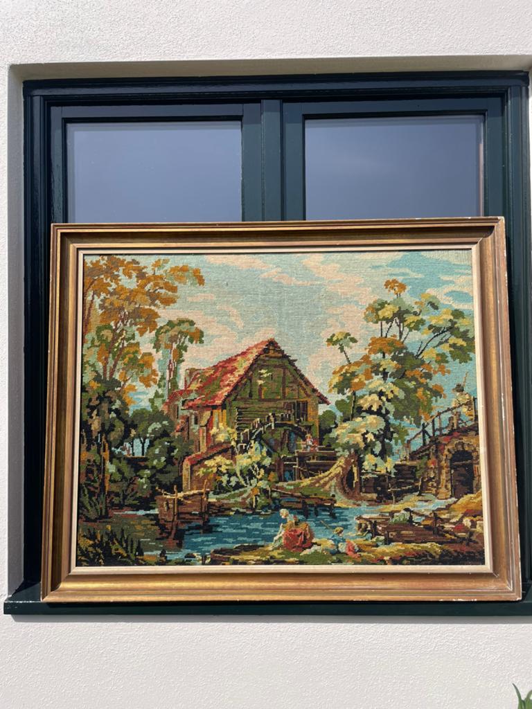 Vintage jaren 70 geborduurd landschaps schilderij, Ophalen