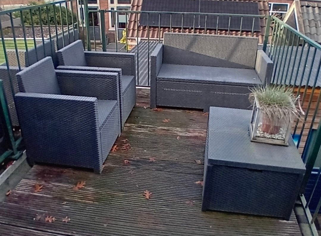 Leuke kleine loungeset voor tuin, balkon of camping, Tuin en Terras, Ophalen, 4 zitplaatsen, Kunststof, Gebruikt