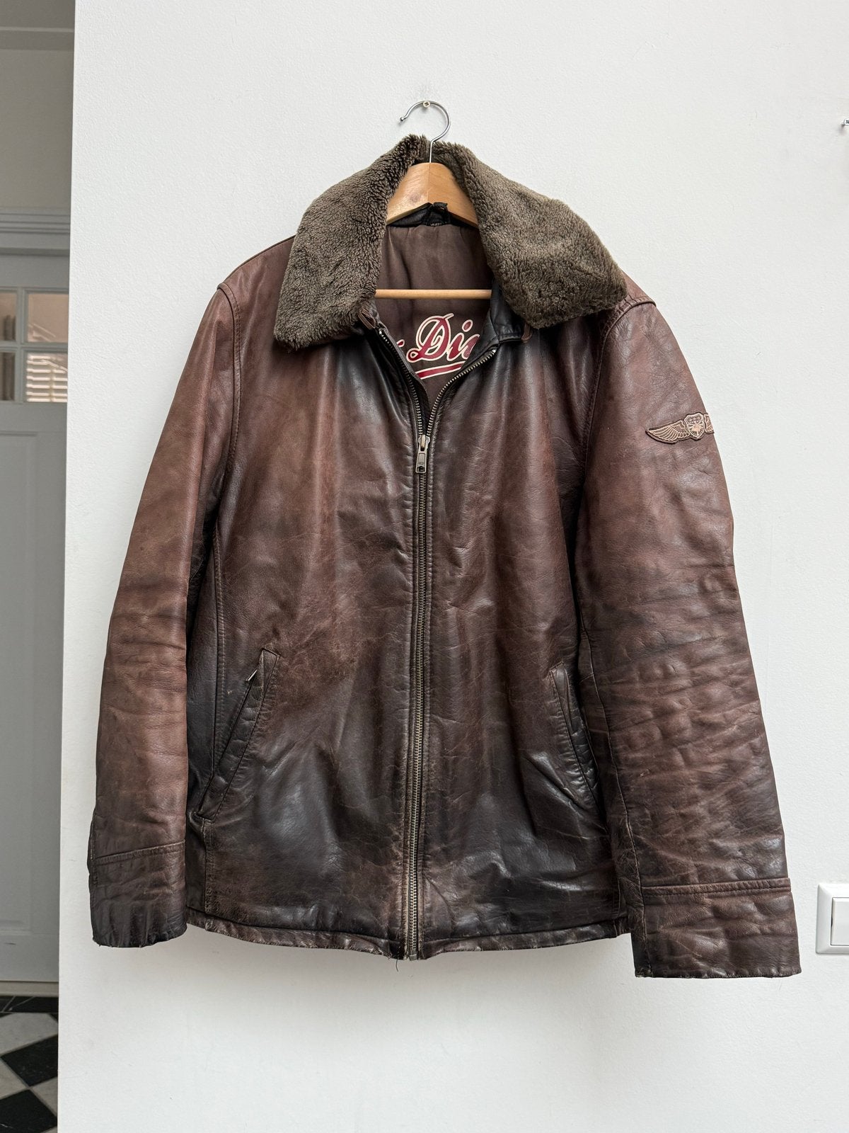 Vintage Bruine Leren Aviator Jas met Nepbont Kraag - XXL, Ophalen of Verzenden, Zo goed als nieuw, Bruin