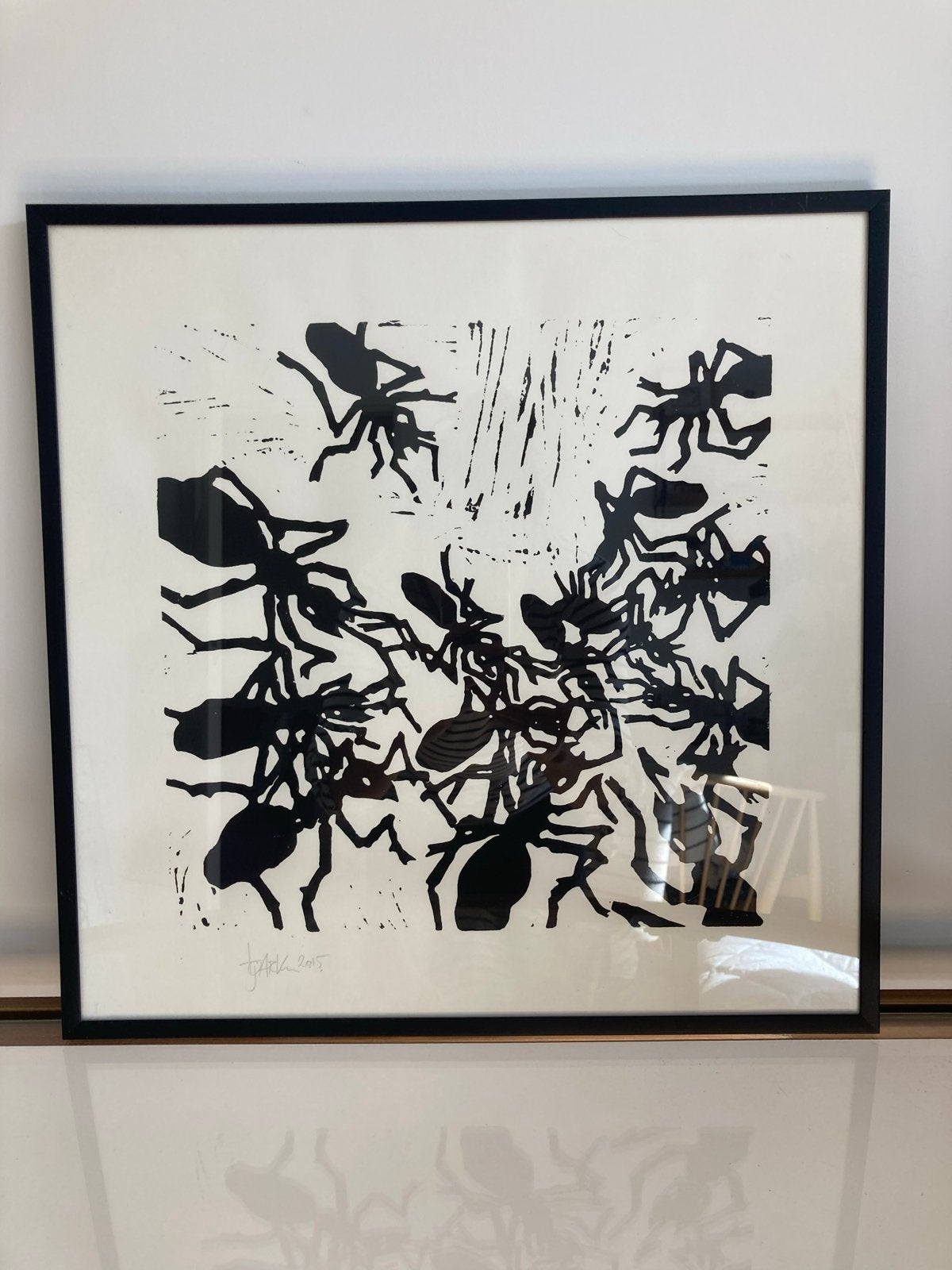Linosnede 'Mieren' - Gesigneerd, 40x40 cm, Ophalen of Verzenden, Zeefdruk, Overige technieken, Achter glas