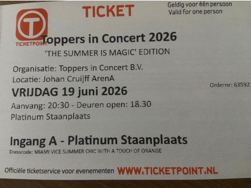 TE KOOP TOPPERS-Veldkaart 75 Euro, Eén persoon, April