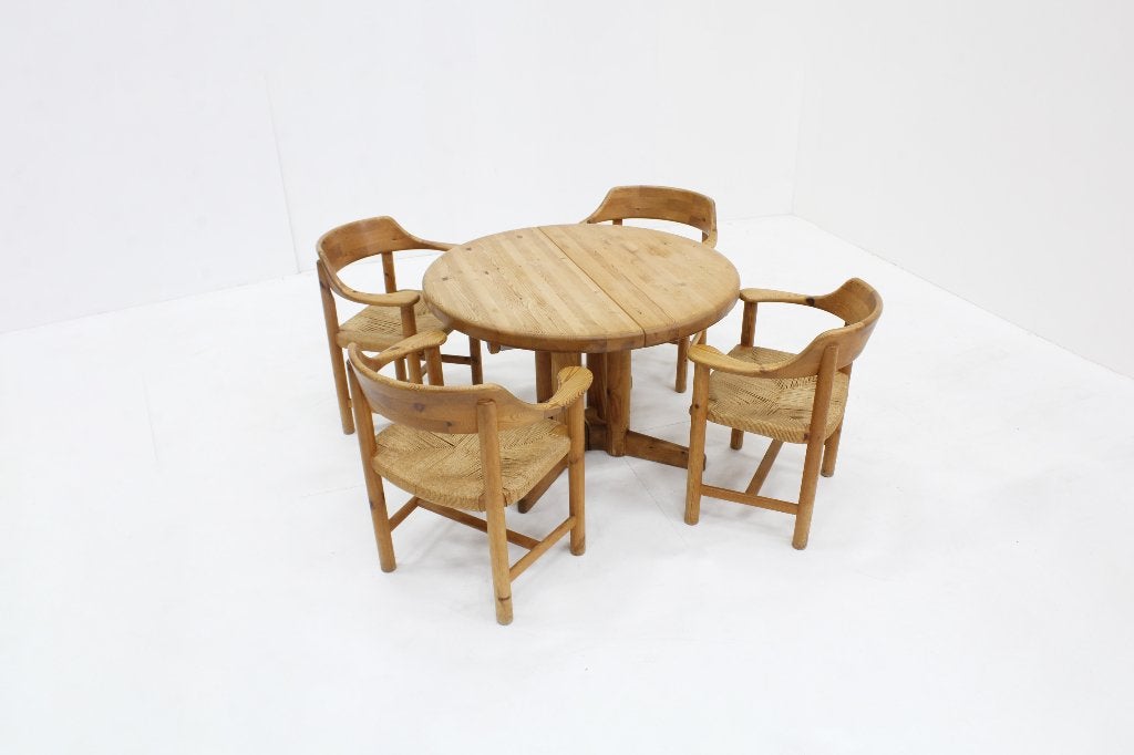 Vintage uitschuifbare eettafel en eetkamerstoelen papercord, Ophalen, Gebruikt, 100 tot 150 cm, 200 cm of meer