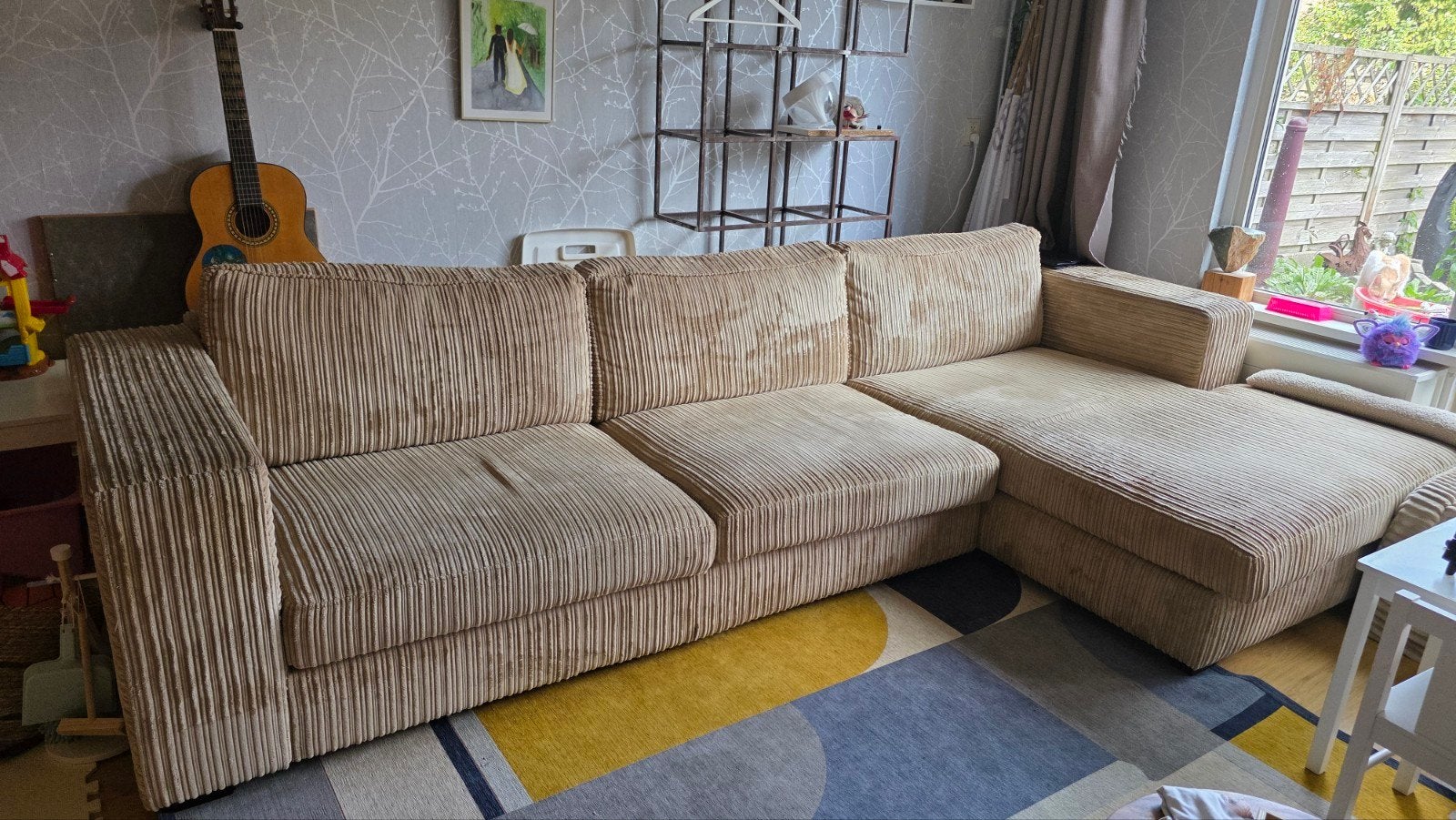 Hoekbank 340x180x100cm bruin ribstof, Ophalen, Gebruikt