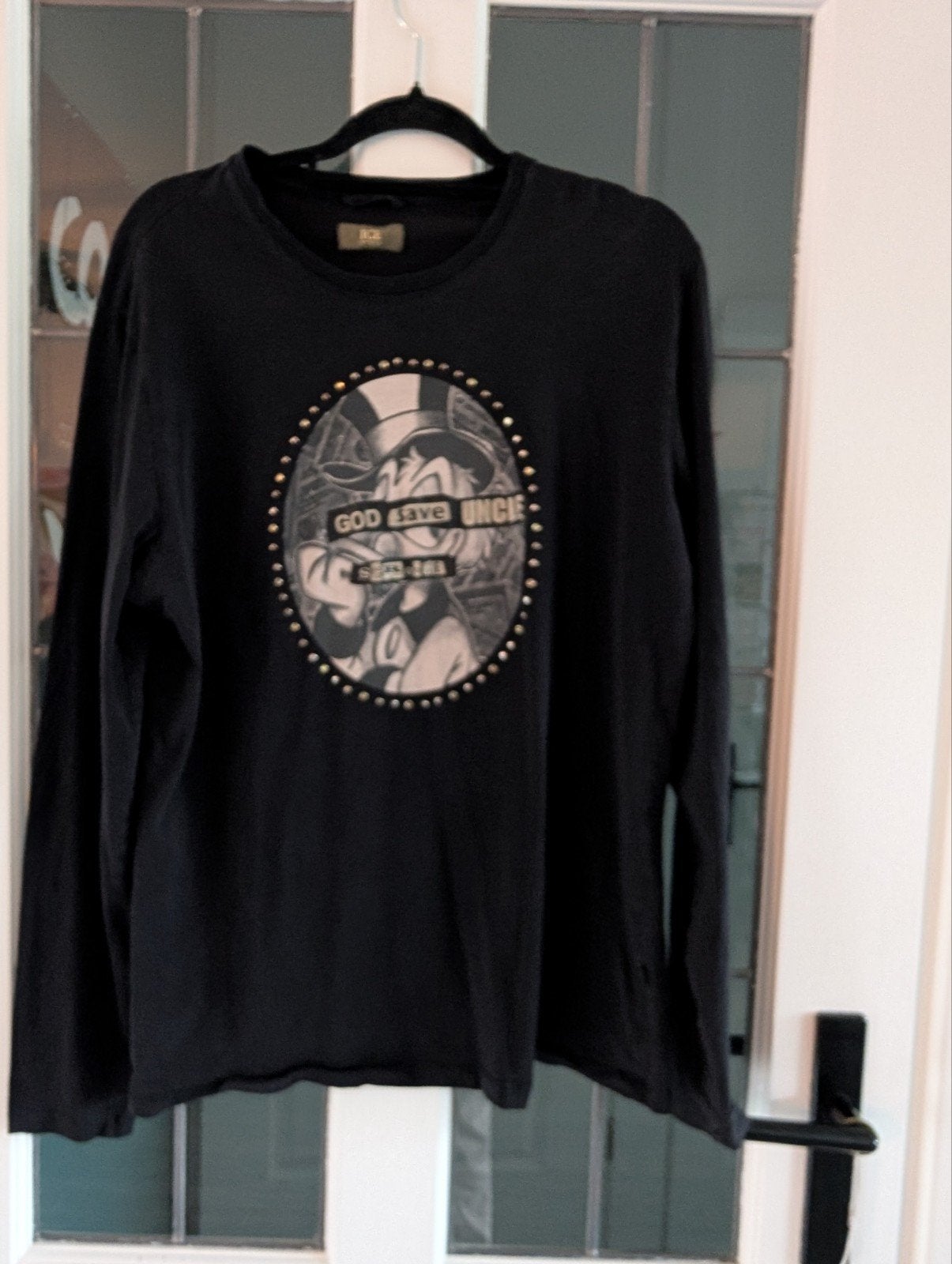 Iceberg Zwart T-shirt Lange Mouwen met Oom Dagobert Print, Maat 38/40 (M), Zwart, Ophalen of Verzenden, Zo goed als nieuw
