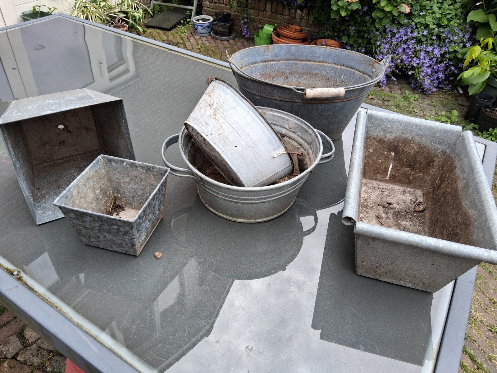 Zesdelige zinken potten set, Ophalen of Verzenden, Rond, Metaal, Minder dan 30 cm