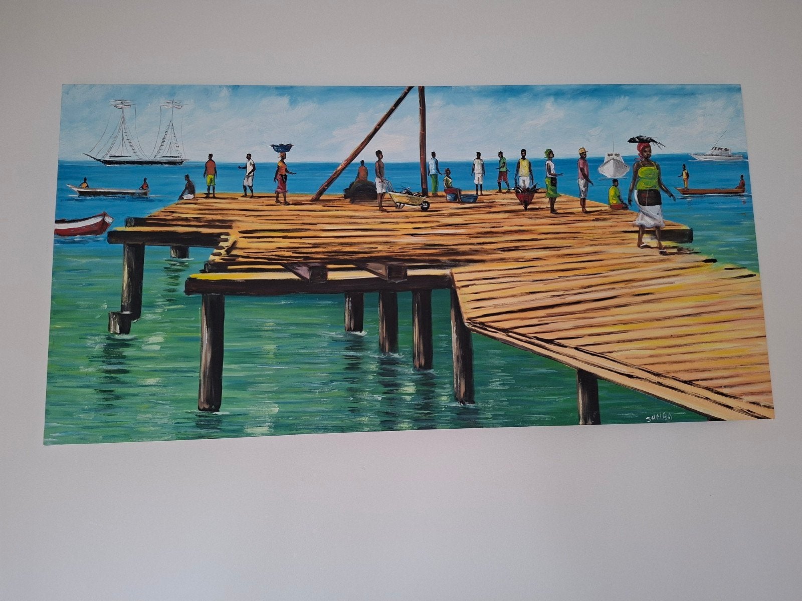 Schilderij: Levendig tafereel aan de pier, Ophalen, Overig onderwerp, Handgeschilderd, Olieverf