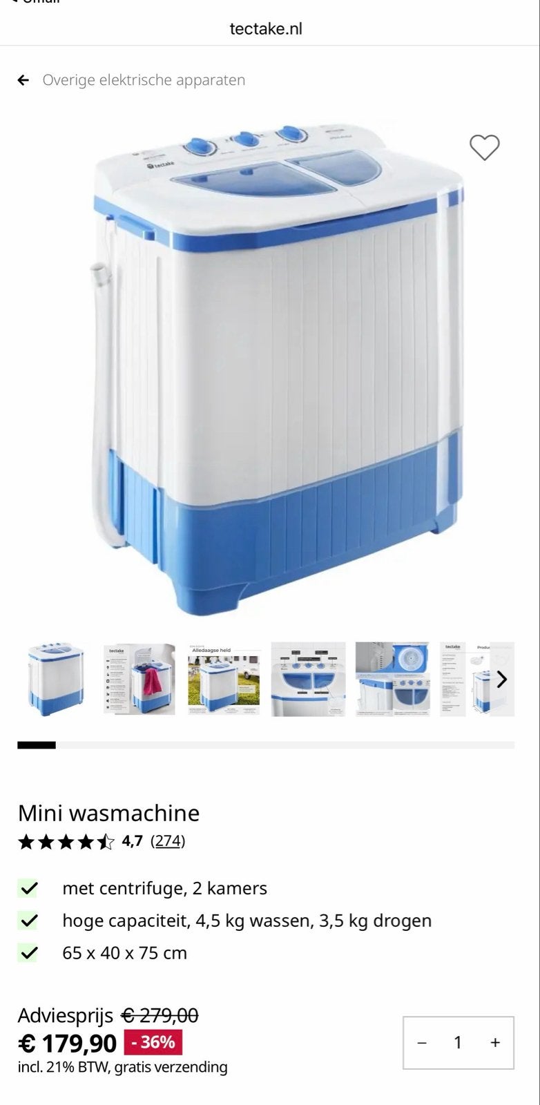 Tectake Mini Wasmachine met Centrifuge - 4,5 kg wassen, Witgoed en Apparatuur, Wasmachines, Ophalen, Minder dan 1200 toeren, 4 tot 6 kg