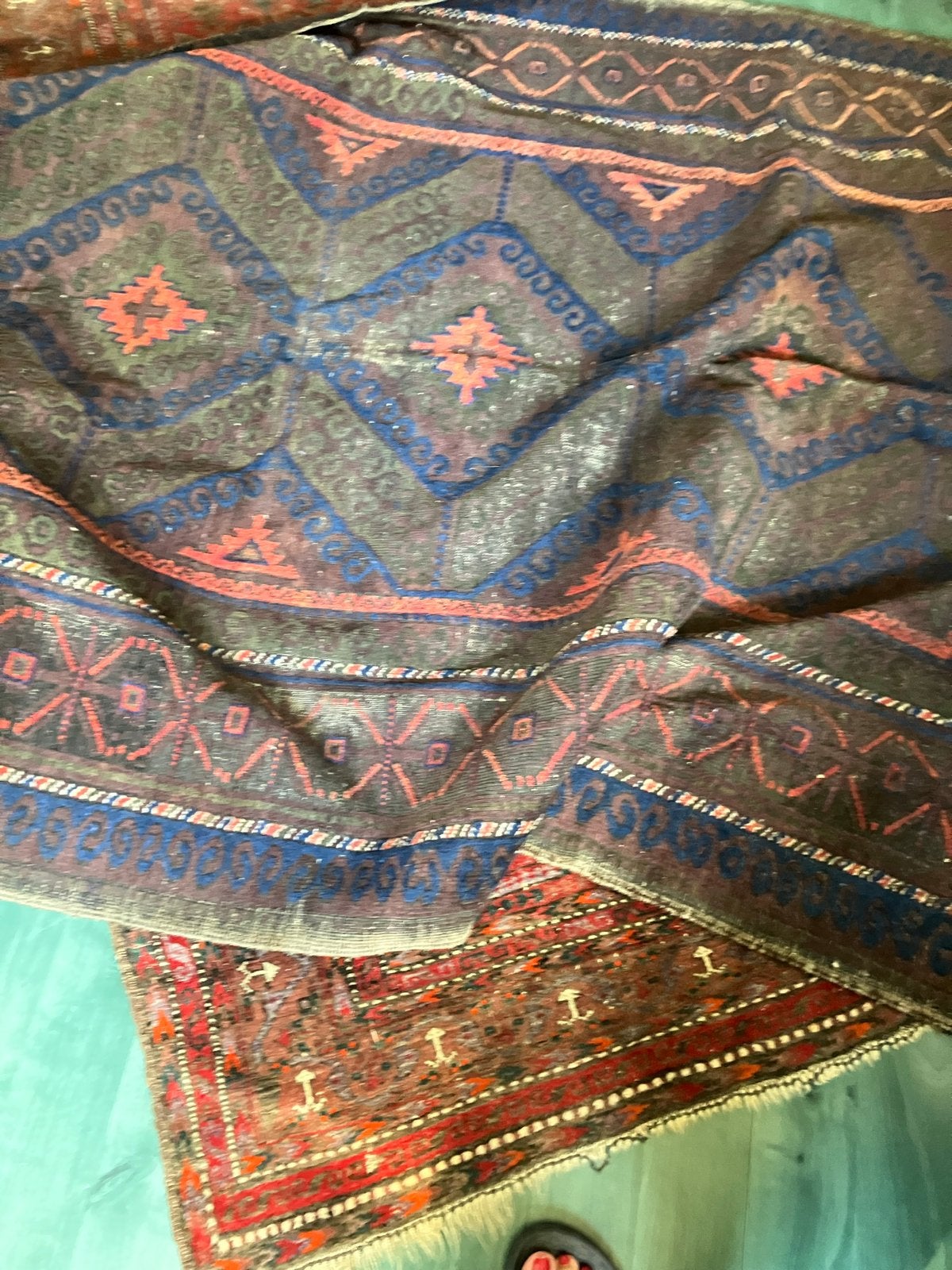 Vintage Perzisch tapijt - Handgeknoopt rood/blauw, Ophalen, Gebruikt, 150 tot 200 cm, 200 cm of meer