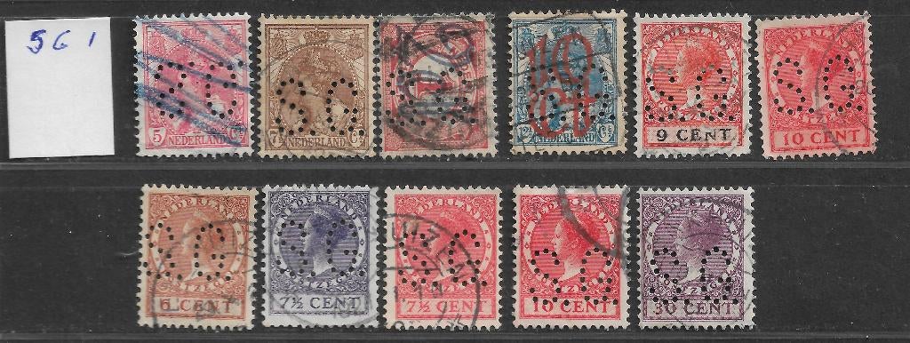 Perfins Nederland  - - -  11  zegels met Perfin  SG 1, Verzenden, T/m 1940, Gestempeld