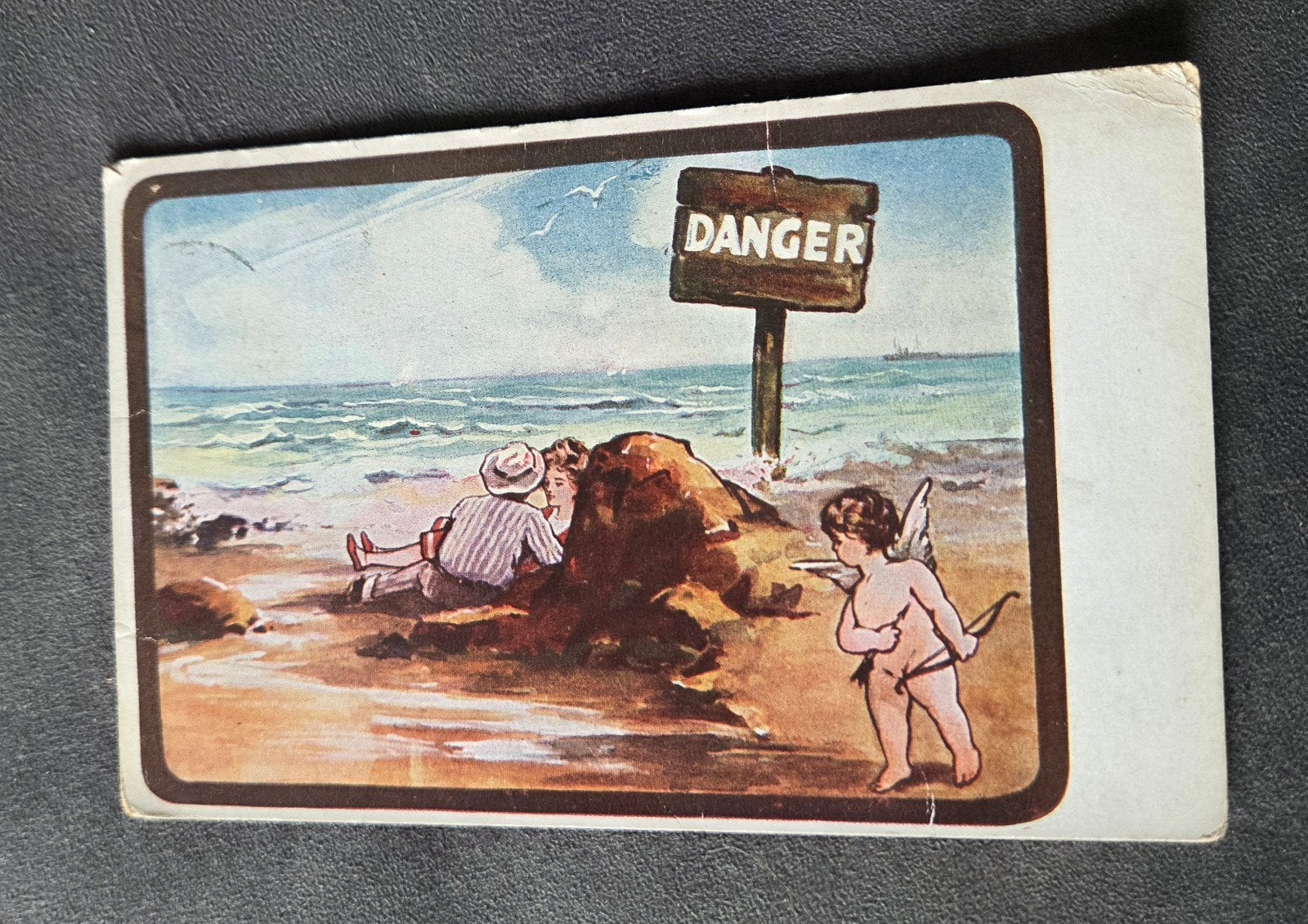Strandscène met Cupido en 'Danger', Verzenden, Voor 1920, Gelopen, Overige thema's